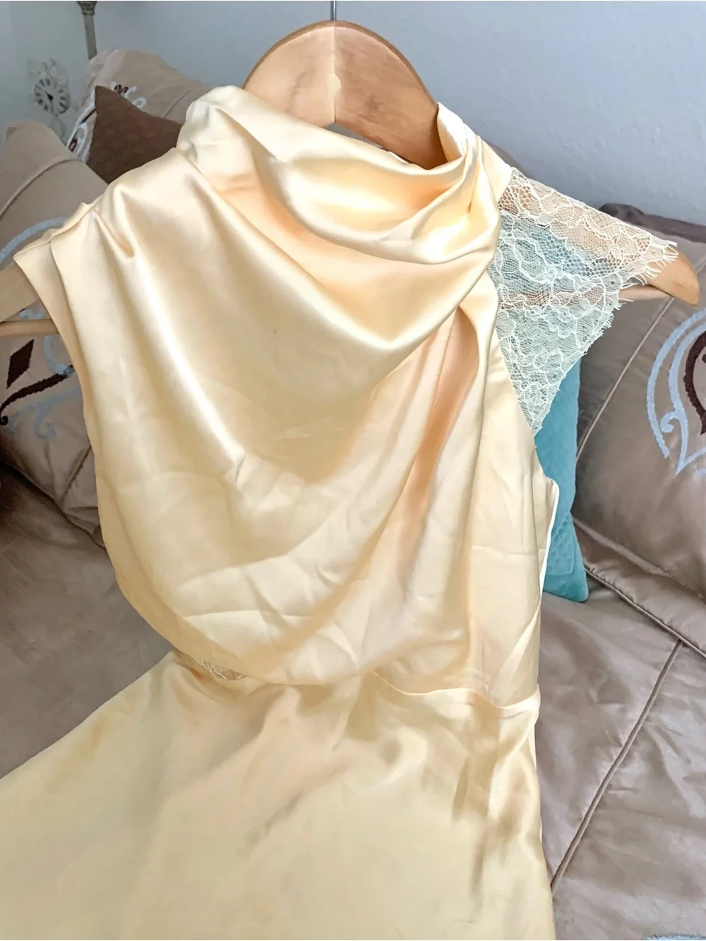 Petal & Pup Yellow Satin Asymmetric  Lace Sleeve Midi Cowl Neck Dress